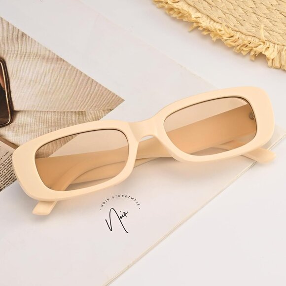 Trendy Rectangle Matte Beige Sunglasses Women Men Retro Square Fashion Shades - Picture 5 of 5